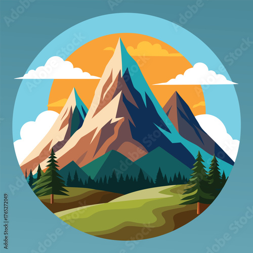 Illustration of a mountain range with sharp peaks under an orange sun, surrounded by fluffy clouds. Foreground features green hills and pine trees.