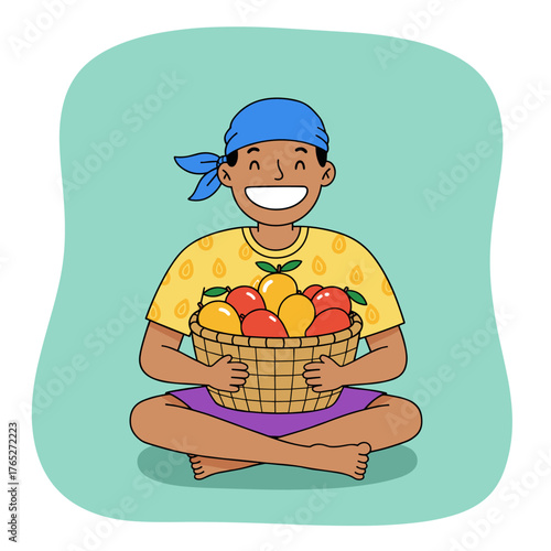 Little boy with a birthday cake and a basket of fruit at a fun kitchen table