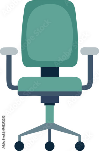 Illustration of a green ergonomic office chair with armrests and a five-wheel base on a white background, conveying comfort and functionality.