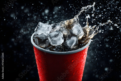 Red cup filled with ice cubes and splashing dark liquid.