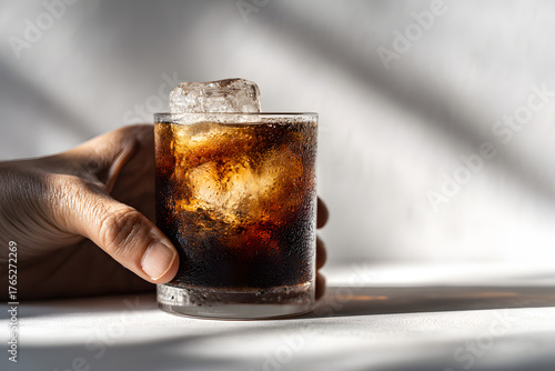 Refreshing Cola Drink with Ice Cubes in Glass Held by Hand.