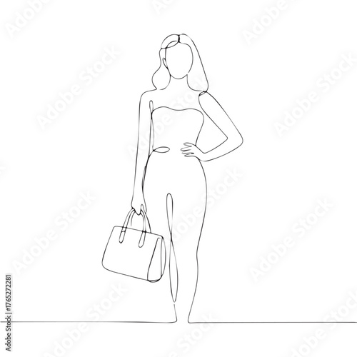Continuous Simple black line art drawing of a woman holding a beg in a minimalist style on a white background.