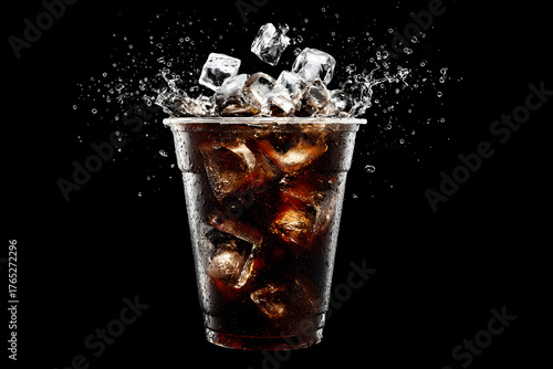 Refreshing dark cola drink with dynamic ice cubes splashing in a clear plastic cup showing condensation.