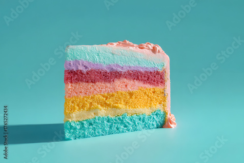 Slice of MultiLayered Rainbow Cake with Pink Frosting on a Blue Background.