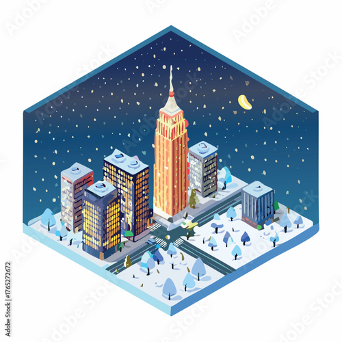 square city town in snowfall december isometric