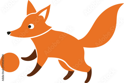 A minimalist illustration of an orange fox with a bushy tail, playfully interacting with an orange ball on a plain white background. The fox appears curious and lively.