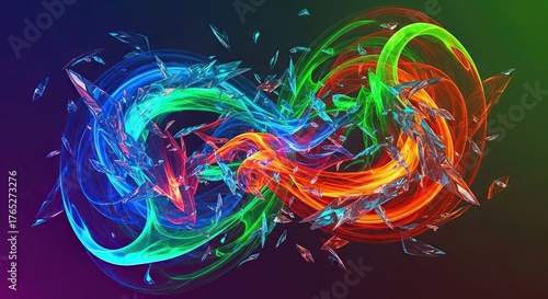 Colorful Abstract Infinity Symbol with Swirling Light Trails and Shattered Glass.