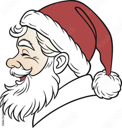 Illustration of jolly Santa Claus in profile, wearing a red hat with white trim and a fluffy pom-pom, laughing joyfully. White beard and mustache.