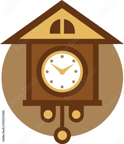 Stylized illustration of a brown cuckoo clock with a pointed roof and circular clock face. Golden pendulum swings below, set against a light background.