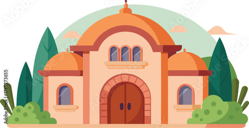 Illustration of a Mediterranean-style house with orange domes, arched wooden doors, and arched windows. Surrounded by green bushes and tall trees.