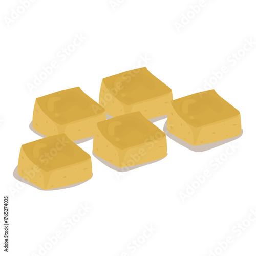 Five yellow square food pieces illustration with subtle shadows, simple cartoon style