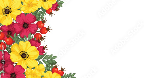 Floral arrangement with red and yellow flowers on white background.