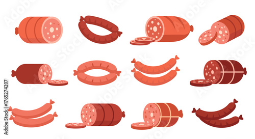 Various sausage types and cuts, a delicious meat product assortment.