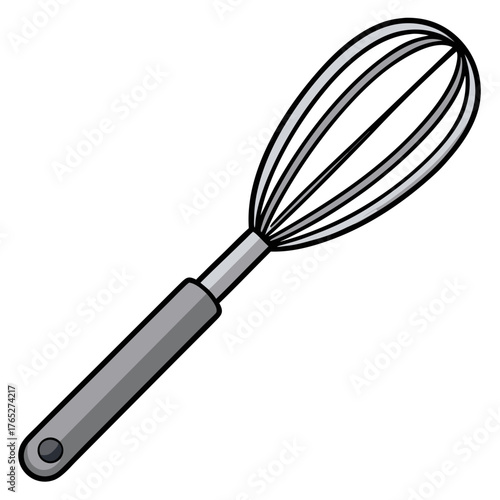 Metal whisk for baking with a grey handle and slender wires  