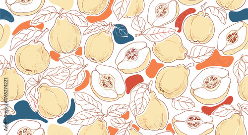 Quince fruit pattern with leaves and abstract shapes.
