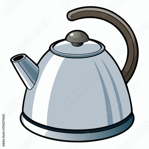 Metal kettle with a curved spout and brown handle on white background  