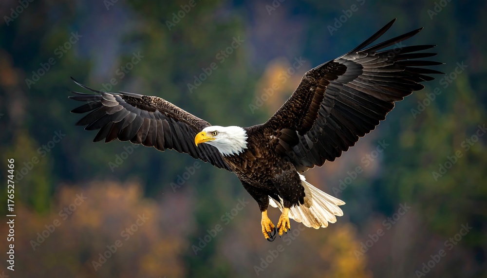 Fototapeta premium A majestic bald eagle, white head and brown body, soars in flight