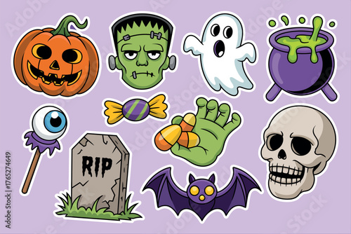 Colorful Halloween Sticker Vector Set.  Pumpkins, Ghosts, Candy, Witch Hats, Bats, and ‘Trick or Treat’ Text on Fun Purple Background