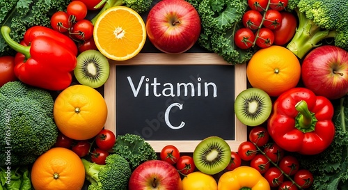 Fototapeta Naklejka Na Ścianę i Meble -  Vibrant fruits and vegetables surrounding chalkboard