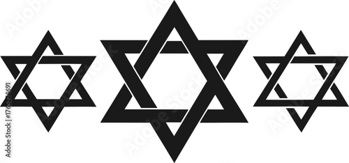 Three black interlocking Star of David symbols on a white background. The middle star is larger, creating a balanced and harmonious design.