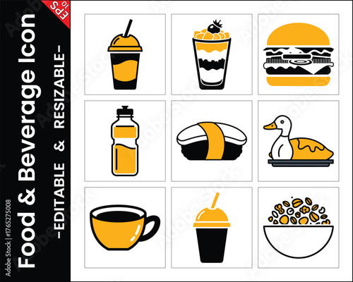 Set Of Food And Beverage Flat Icons With Drink,Dessert,Burger,Duck And Sushi