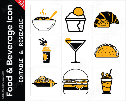 Vector Icons Set Representing Food And Beverage Choices In Flat Design Style And Yellow Accents