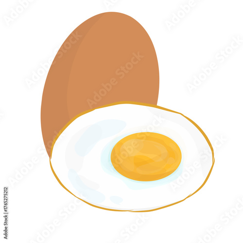 Brown whole egg and sunny-side up fried egg isolated on white. Hand-drawn style illustration for breakfast food.