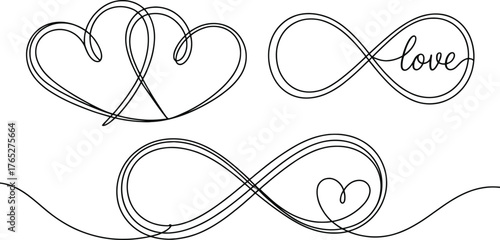 Intertwined hearts and infinity symbols create a continuous line drawing representing love.