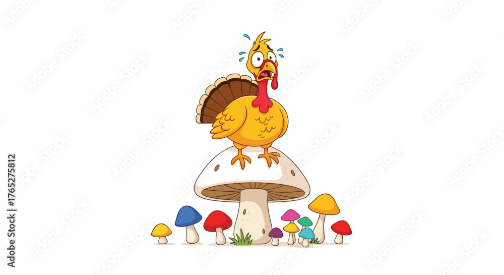 Fototapeta premium A frightened turkey standing on top of a mushroom in a whimsical scene.