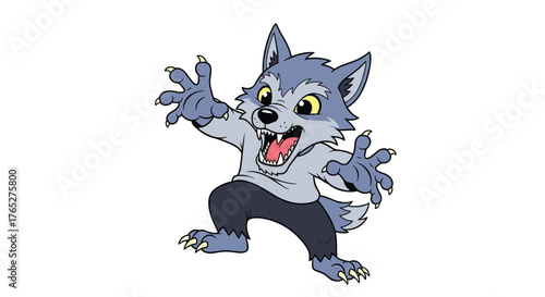 Cartoon Werewolf Character with Raised Hands and Menacing Expression.