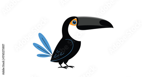 Colorful toucan bird illustration with a large black beak and blue tail feathers.