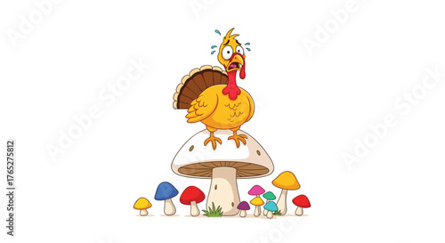 Wallpaper Mural A frightened turkey standing on top of a mushroom in a whimsical scene. Torontodigital.ca
