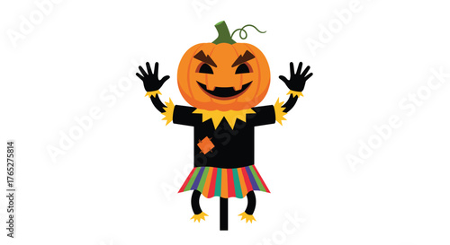 Halloween Pumpkin Scarecrow Character with Arms Raised.