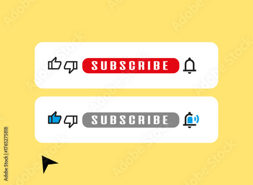 Subscribe Bell button, notification icon button, and arrow cursor click. social media channels, marketing, and blogs.