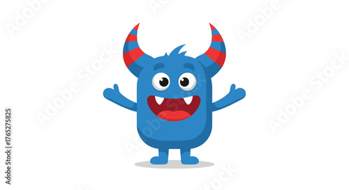 Cute Blue Monster with Horns and Big Smile.