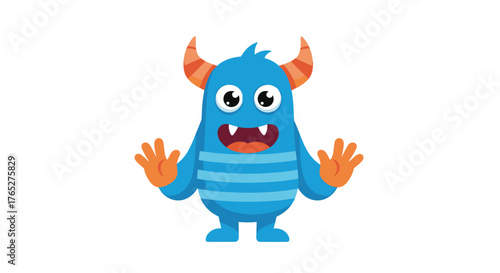 Cute Blue Monster with Horns and Big Eyes.