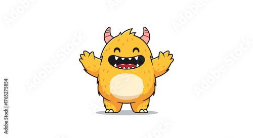 Cute Yellow Monster with Horns and Open Mouth Smiling.