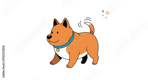 Happy dog with brown fur and blue collar walking with tail wagging.