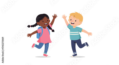 Two happy diverse children high-fiving, celebrating friendship and success.