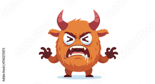 Furious orange furry monster character roaring with rage.