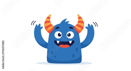 Cheerful blue monster with orange horns and open mouth waving hands.