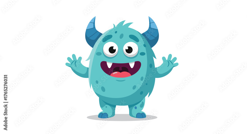 Fototapeta premium Cute friendly blue monster character with horns waving.