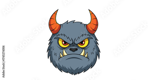 Angry monster face with horns and sharp teeth staring intensely forward.