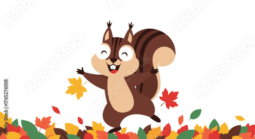 Happy Cartoon Squirrel Playing with Autumn Leaves.