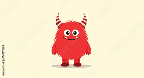 Cute red monster with big eyes and horns standing proudly.