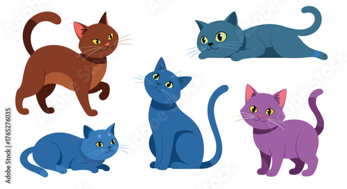 A delightful collection of five domestic cats in various poses and colors.