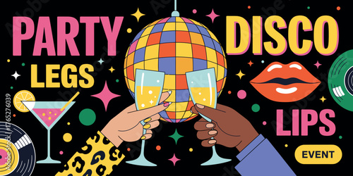 Disco Party Vector Illustration. Glittering Stars, Vinyl Record, Lips, Cocktails, and Disco Ball for Retro Event Posters and Vintage Dance Party Designs