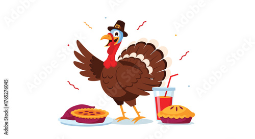 Thanksgiving Turkey Wearing a Pilgrim Hat with Pie and Drink.