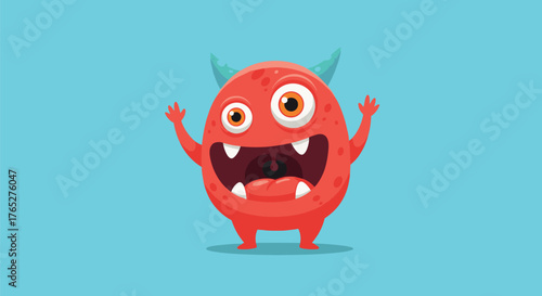 Cartoon Red Monster with Horns and Big Teeth on Blue Background.