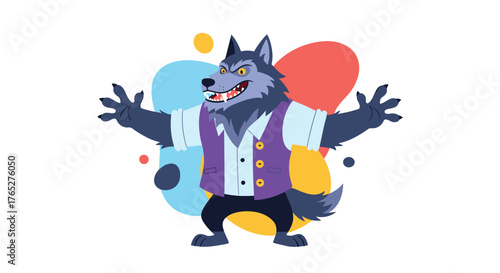 Cartoon Wolf Character Wearing a Vest and Shirt.